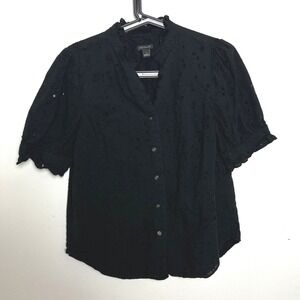 Ann Taylor Black Cotton Eyelet Ruffle Neck Puff Sleeve Blouse Women's S